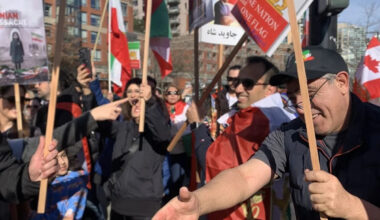 Iranian Canadians and supporters celebrate in Vancouver after news that the supreme leader is dead