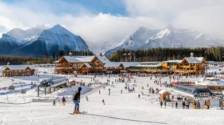 Skiers at a ski resort in Alberta, Canada.