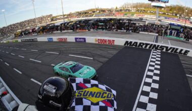 Chase Elliott, driver of the #9 UniFirst Chevrolet, takes the checkered flag to win the NASCAR Cup Series Cook Out 400 at Martinsville Speedway on March 29, 2026 in Martinsville, Virginia. (Photo by Jacob Kupferman/Getty Images)