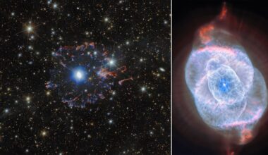 A side-by-side image: on the left, a bright star surrounded by a lacy, colorful nebula against a star field; on the right, a detailed, circular, blue and pink nebula with layered, wispy structures.