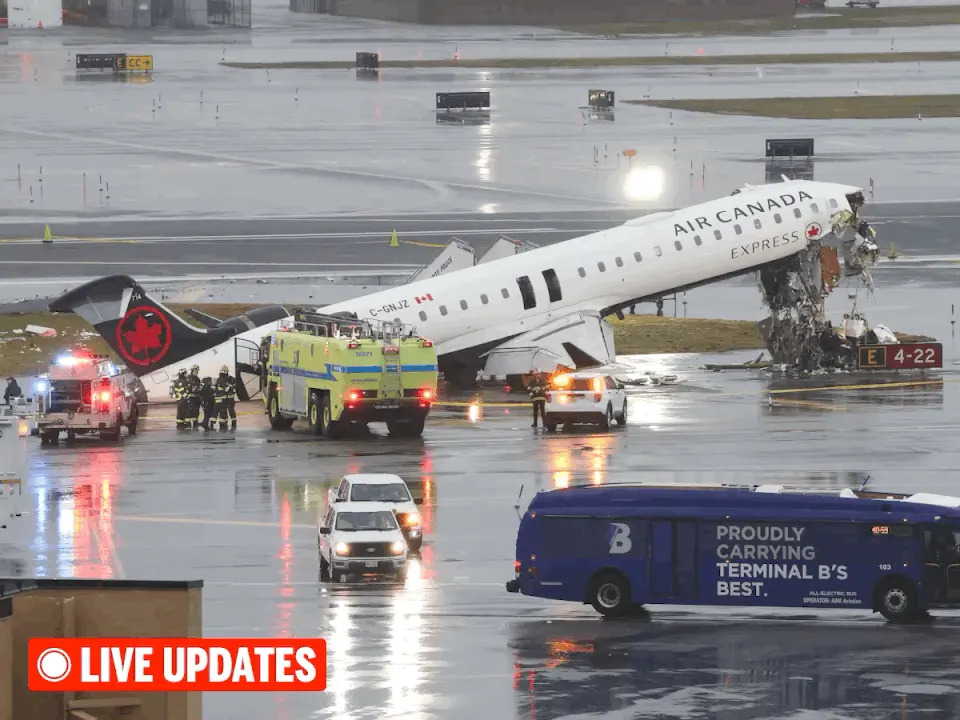  An Air Canada Express CRJ-900 sits on the runway after colliding with a Port Authority fire truck at LaGuardia Airport in New York, on March 23, 2026.