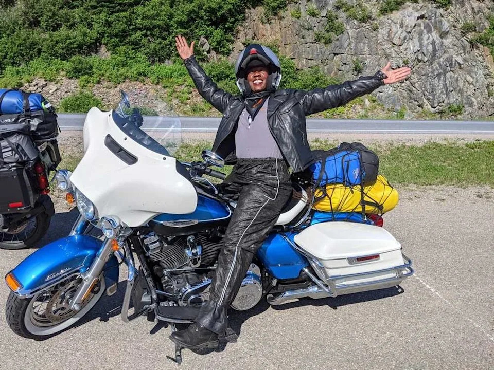  Jacqueline Walters of Toronto on her 2021 Harley-Davidson Electra Glide Revival touring bike she’s named Blu, on a trip to Newfoundland.