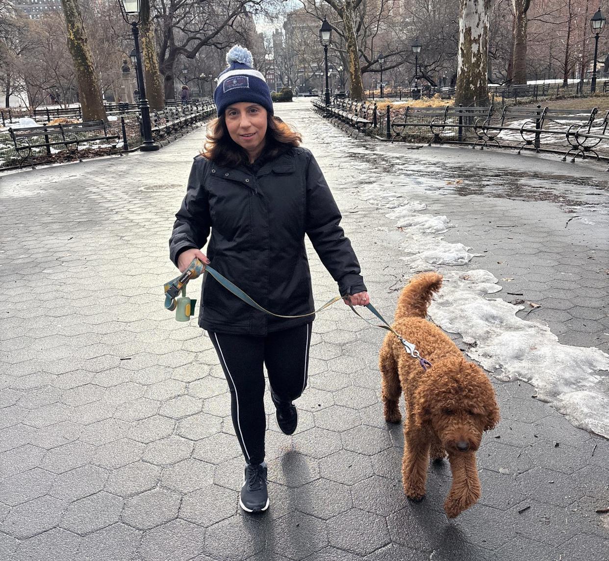 Person walking a dog on a park path.