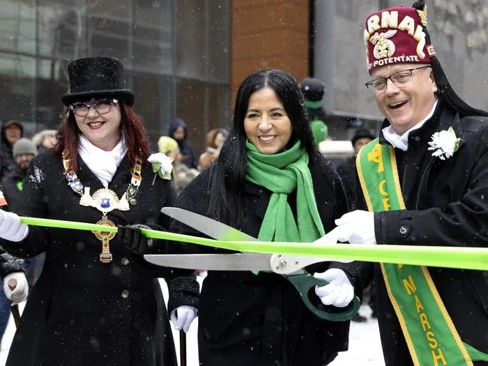  United Irish Societies of Montreal president Lori Morrison, left, Mayor Soraya Martinez Ferrada and parade grand marshal Gary McKeown kick off the St. Patrick’s Parade in Montreal on Sunday, March 22, 2026.