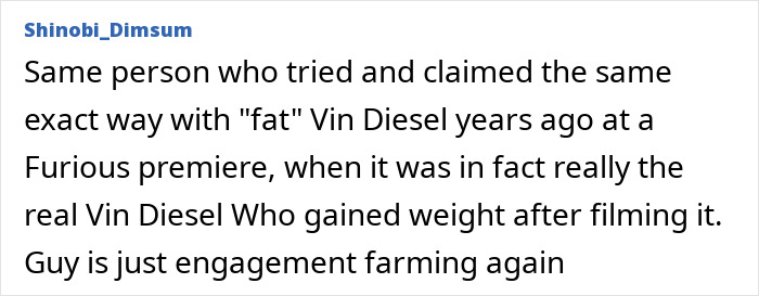 Text comment from user Shinobi_Dimsum discussing past claims about Vin Diesel and accusing another user of engagement farming related to Jim Carrey theories. Text comment from user Shinobi_Dimsum discussing past claims about Vin Diesel and accusing another user of engagement farming related to Jim Carrey theories.