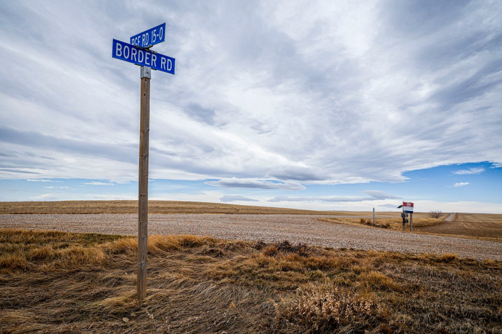 A road sign alongside the United States border road near Coutts, Alta., Thursday, March 19, 2026. THE CANADIAN PRESS/Jeff McIntosh