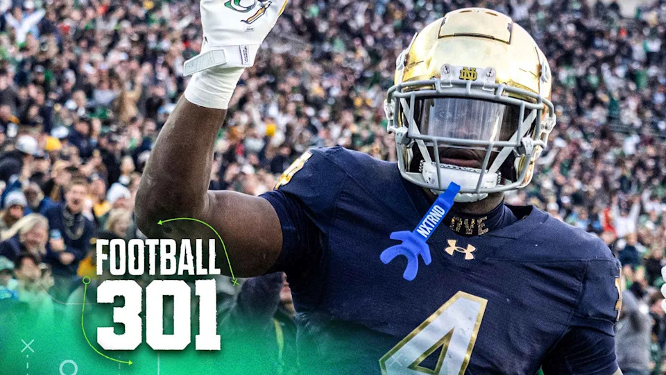 SOUTH BEND, IN - NOVEMBER 22: Notre Dame Fighting Irish running back Jeremiyah Love (4) runs the ball for a touchdown during the game between the Syracuse Orange and the Notre Dame Fighting Irish on November 22, 2025 at Notre Dame Stadium in South Bend, IN. (Photo by Joseph Weiser/Icon Sportswire via Getty Images)