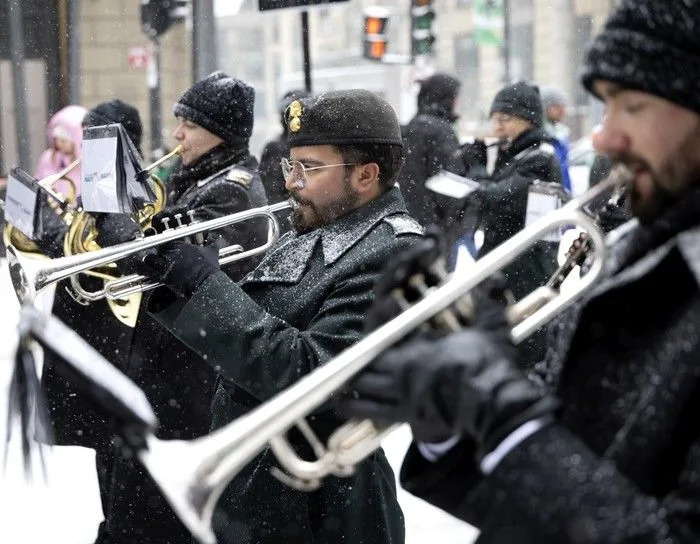  The Royal Canadian Navy band plays during the St. Patrick’s Parade in Montreal on Sunday, March 22, 2026.