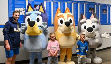 Famous Australian exports meet as Blues' Walker hangs with 'Bluey' characters