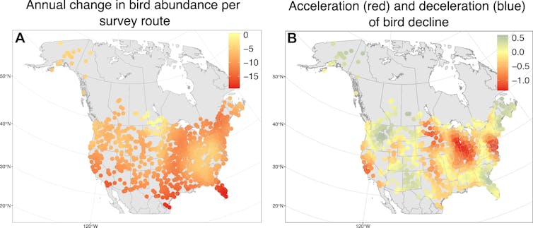 Maps show greatest losses through the Great Plains and Florida, but fastest acceleration in the Midwest and Northeast.