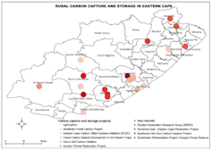 A map of the Eastern Cape with dots where the carbon capture projects are located