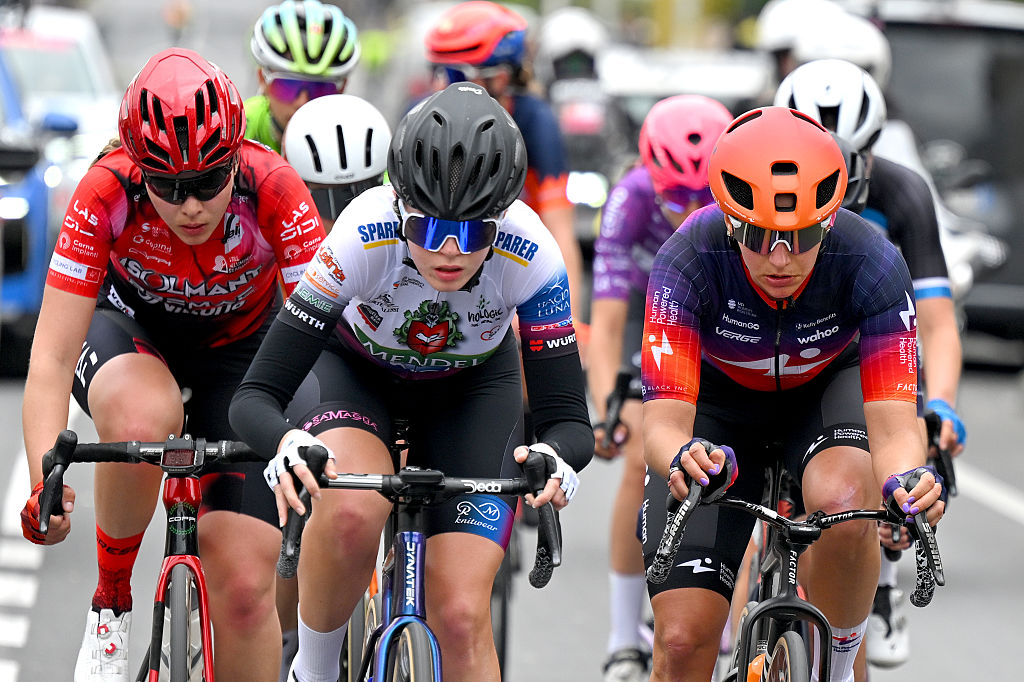 SANREMO, ITALY - MARCH 21: (L-R) Eleonora Deotto of Italy and Team Mendelspeck E-Work and Katia Ragusa of Italy and Team Human Powered Health compete in the breakaway during the 8th Milano-Sanremo Donne 2026, Women's Elite a 156km one day race from Genova to Sanremo / #UCIWWT / on March 21, 2026 in Sanremo, Italy. (Photo by Tim de Waele/Getty Images)