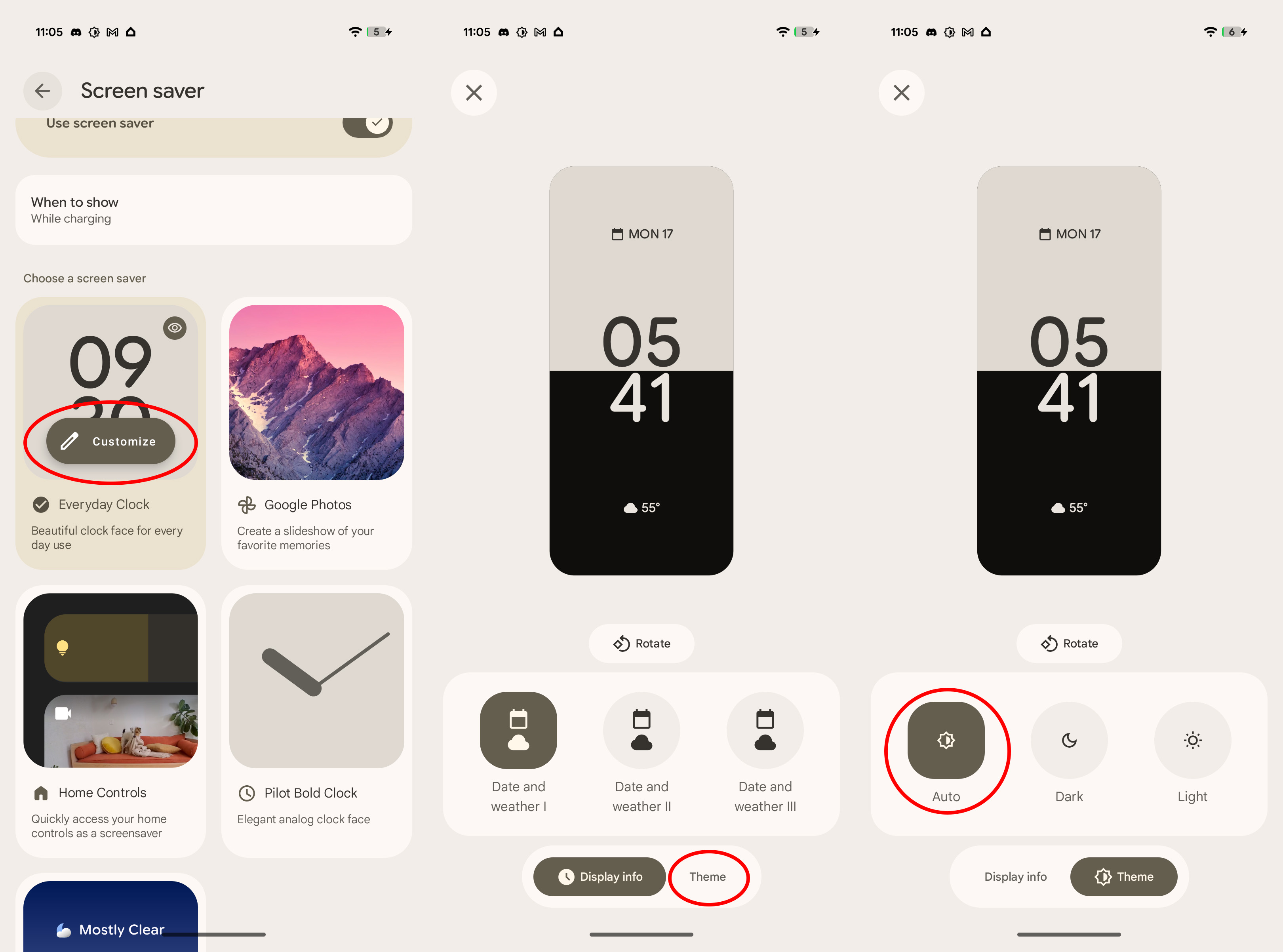 Configuring the theme for the screen saver clock on a Google Pixel 10 with Android 16