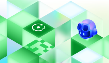 Copilot appears among floating cubes alongside a refresh icon, suggesting an update or automated workflow theme.