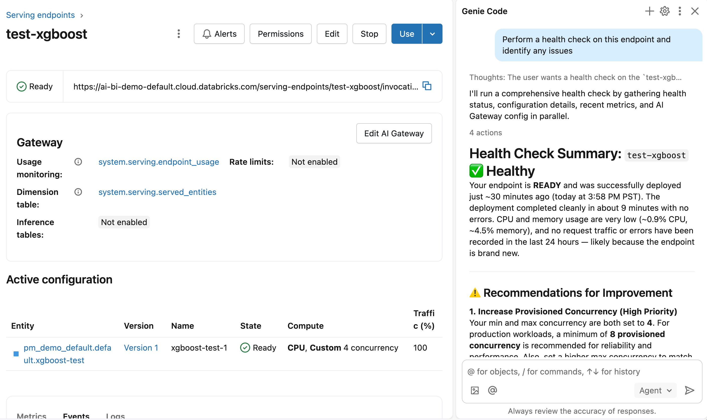 Perform endpoint health checks using Genie Code