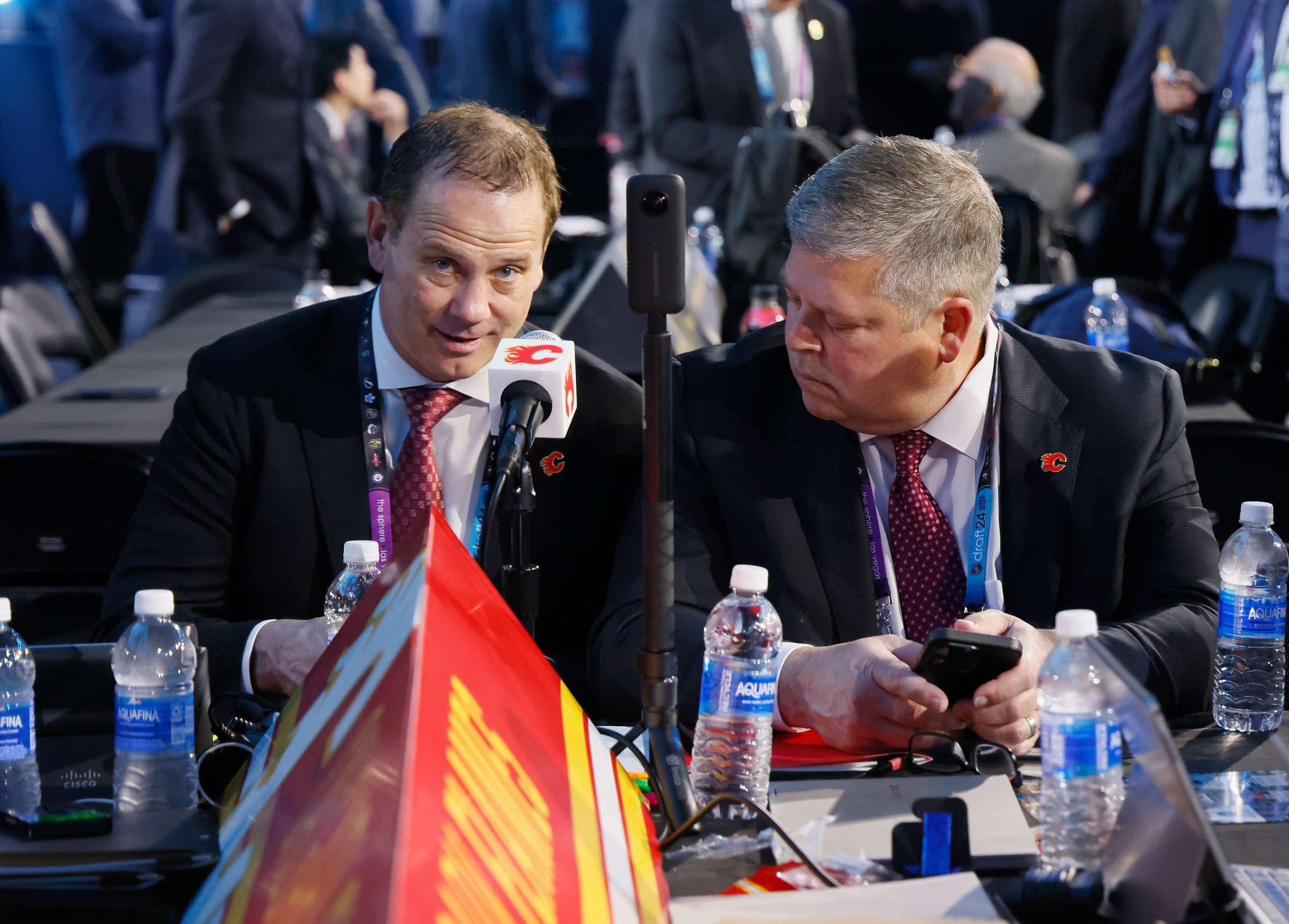 LAS VEGAS, NEVADA - JUNE 28: Craig Conroy and David Nonis of the Calgary Flames attend the 2024 NHL Draft at Sphere on June 28, 2024 in Las Vegas, Nevada. (Photo by Bruce Bennett/Getty Images)