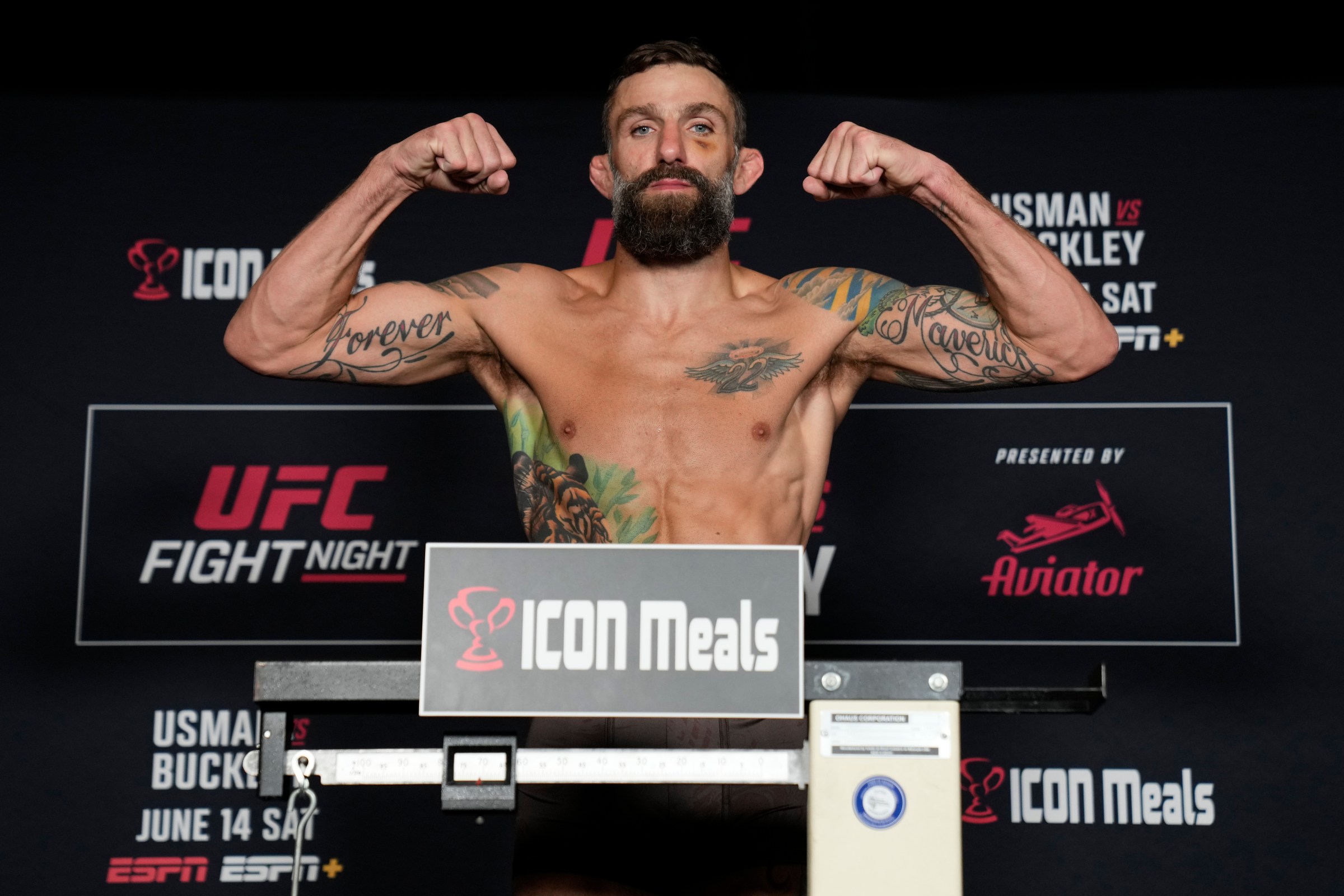 ATLANTA, GEORGIA - JUNE 13: Michael Chiesa poses on the scale during the UFC Fight Night weigh-in on June 13, 2025 in Atlanta, Georgia. (Photo by Mike Roach/Zuffa LLC)