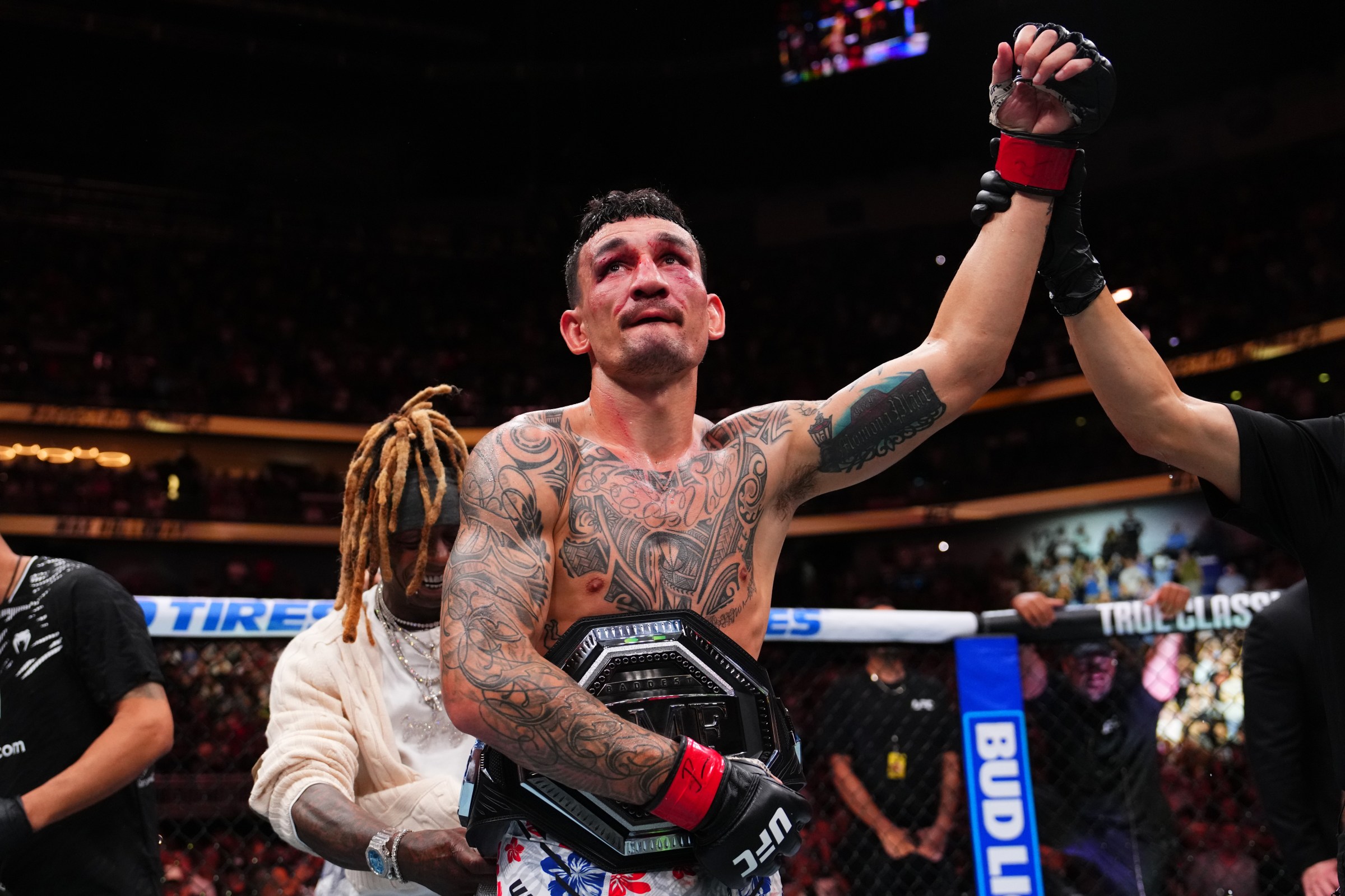 NEW ORLEANS, LOUISIANA - JULY 19: Max Holloway reacts after a victory against Dustin Poirier in the BMF championship bout during the UFC 318 event at Smoothie King Center on July 19, 2025 in New Orleans, Louisiana. (Photo by Cooper Neill/Zuffa LLC)