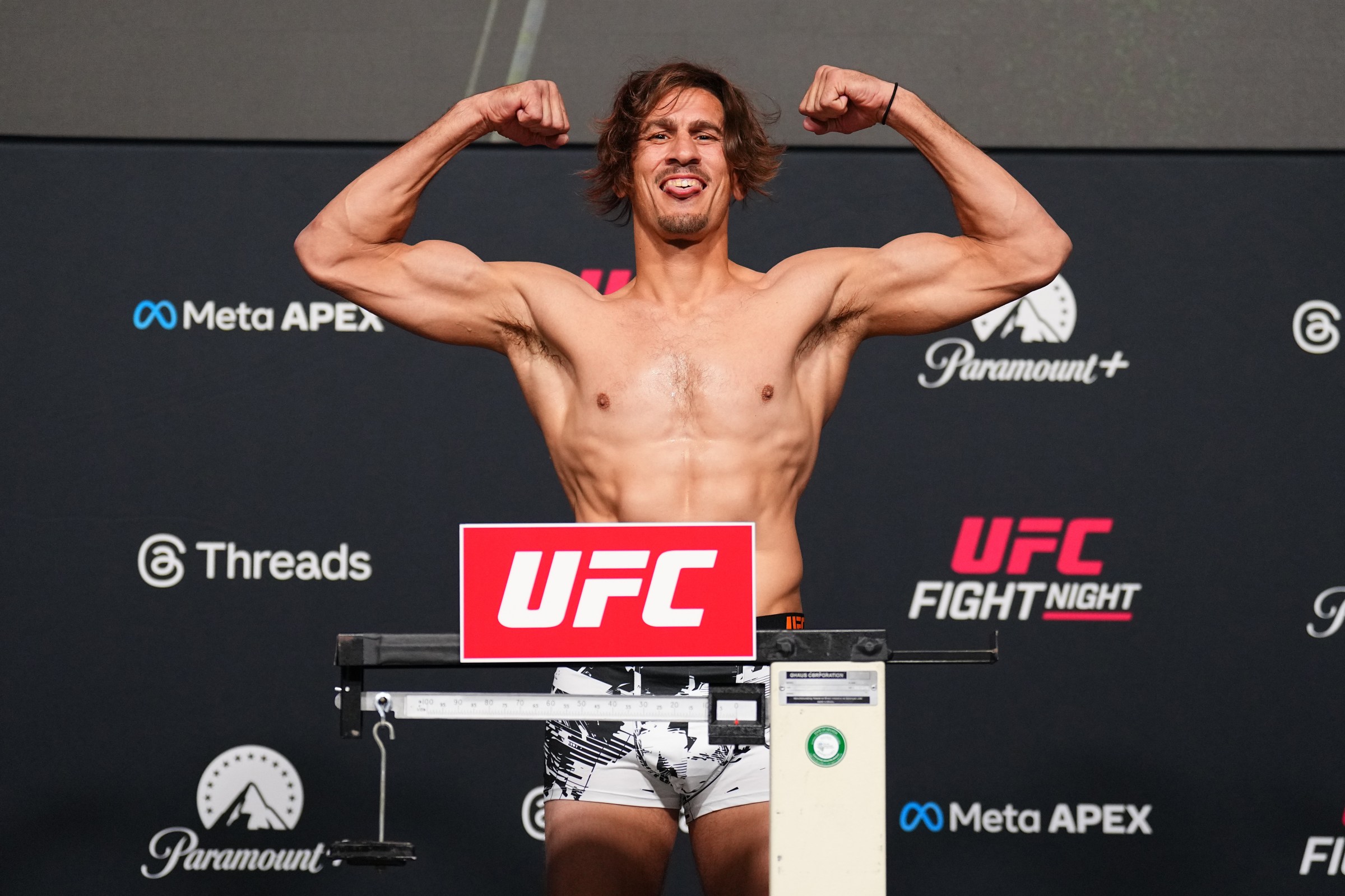 LAS VEGAS, NEVADA - FEBRUARY 06: Niko Price poses on the scale during the UFC Fight Night weigh-in at Meta APEX on February 06, 2026 in Las Vegas, Nevada. (Photo by Chris Unger/Zuffa LLC)