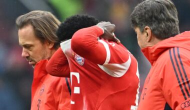 Bayern Munich’s Alphonso Davies suffers an injury against Atalanta and walks off the pitch