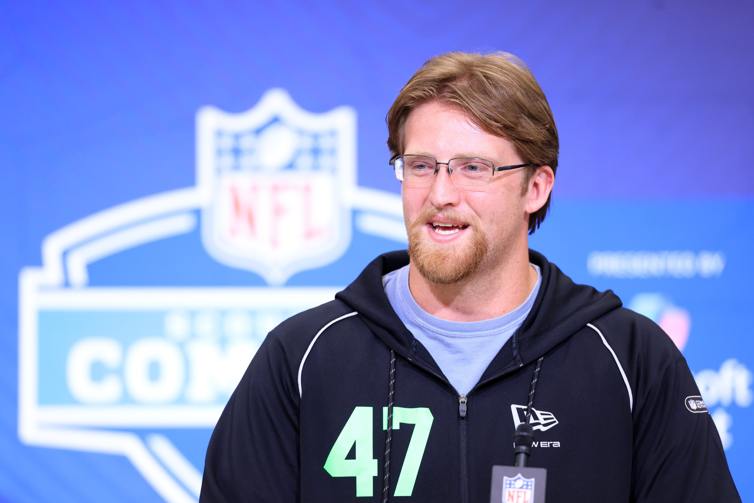 INDIANAPOLIS, INDIANA - FEBRUARY 28: Jake Slaughter of the Florida Gators speaks to the media during the 2026 NFL Scouting Combine at Lucas Oil Stadium on February 28, 2026 in Indianapolis, Indiana. (Photo by Justin Casterline/Getty Images)
