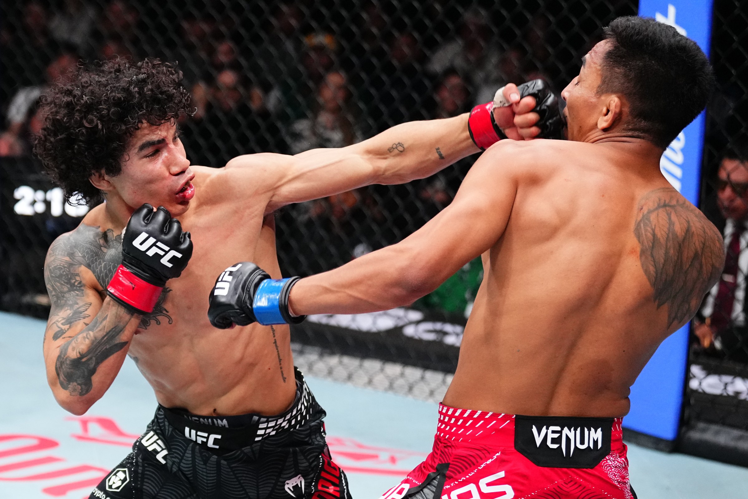 MEXICO CITY, MEXICO - FEBRUARY 28: (L-R) Imanol Rodriguez of Mexico punches Kevin Borjas of Peru in a flyweight fight during the UFC Fight Night event at Arena CDMX on February 28, 2026 in Mexico City, Mexico. (Photo by Jeff Bottari/Zuffa LLC)