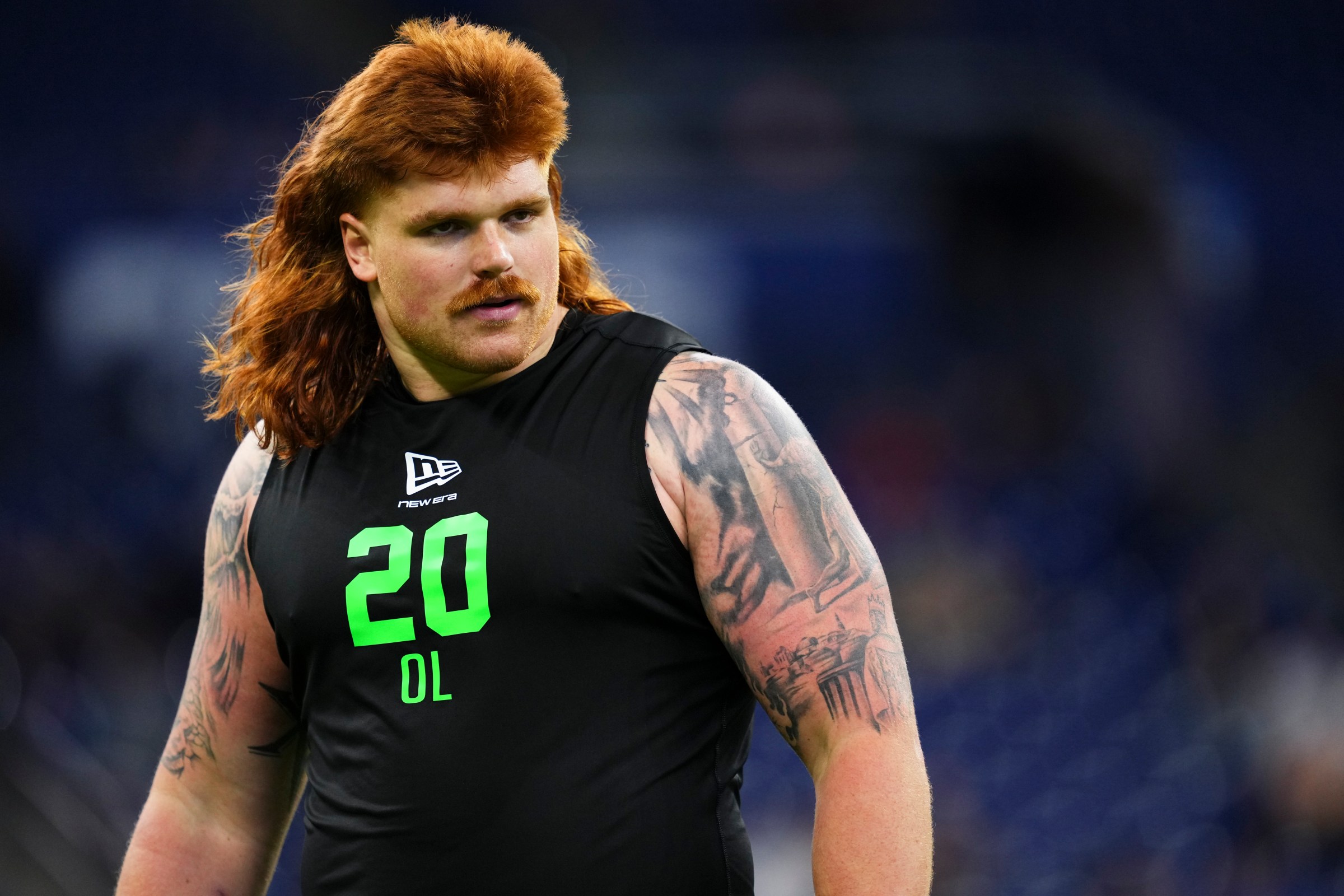 INDIANAPOLIS, IN - MARCH 01: Gennings Dunker #OL20 of Iowa participates in a drill during the 2026 NFL Scouting Combine at Lucas Oil Stadium on March 1, 2026 in Indianapolis, Indiana. (Photo by Cooper Neill/Getty Images)