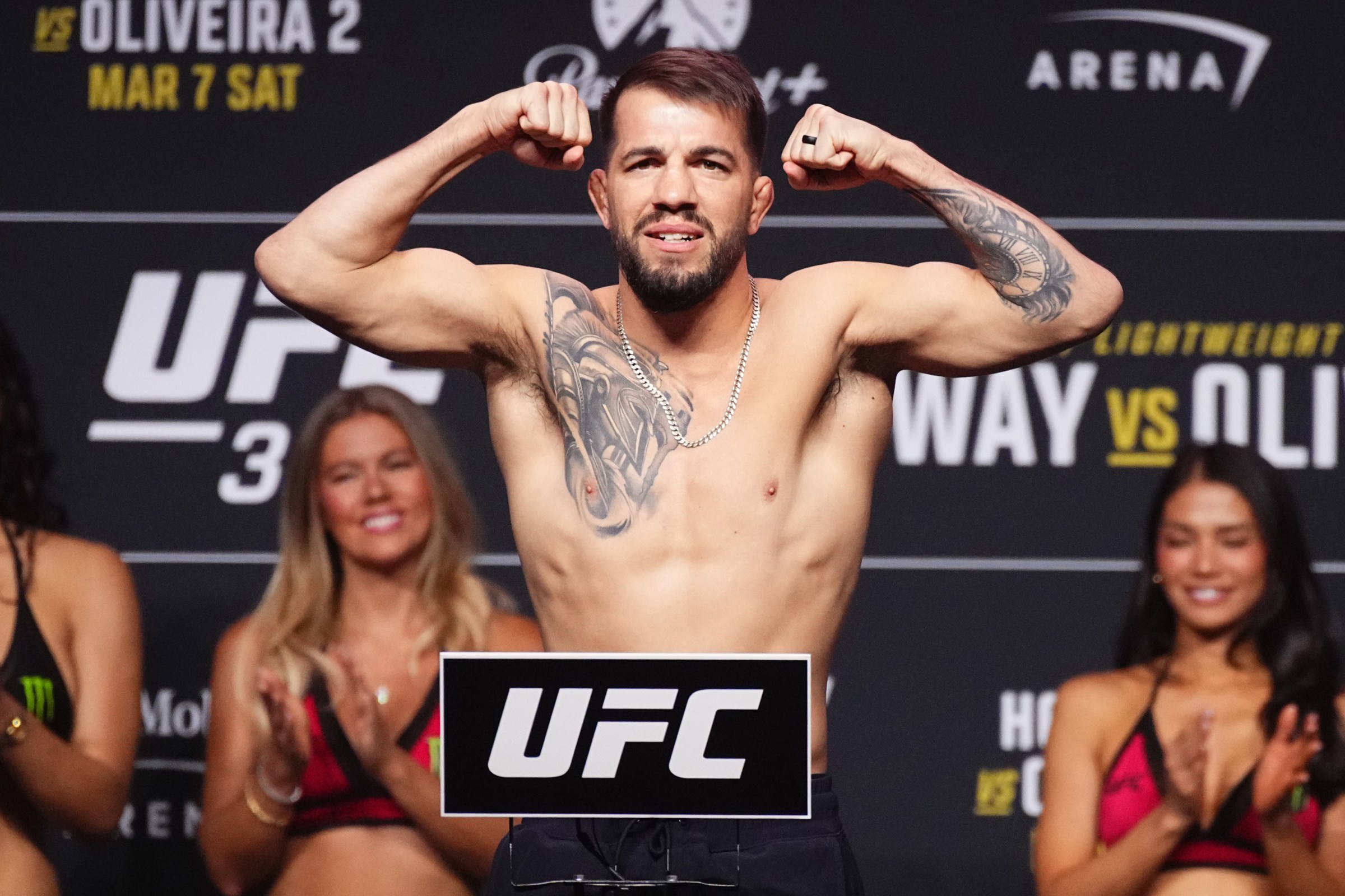 LAS VEGAS, NEVADA - MARCH 06: Cody Durden poses on the scale during the UFC 326 ceremonial weigh-in at MGM Grand Garden Arena on March 06, 2026 in Las Vegas, Nevada. (Photo by Jeff Bottari/Zuffa LLC)