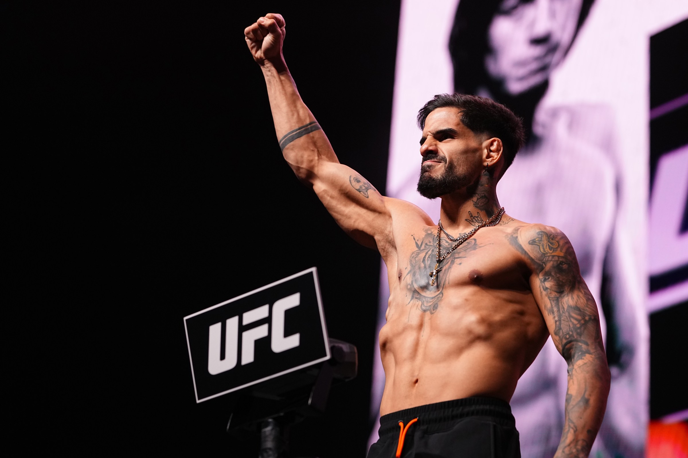 LAS VEGAS, NEVADA - MARCH 06: Alberto Montes of Venezuela poses on the scale during the UFC 326 ceremonial weigh-in at MGM Grand Garden Arena on March 06, 2026 in Las Vegas, Nevada. (Photo by Chris Unger/Zuffa LLC)