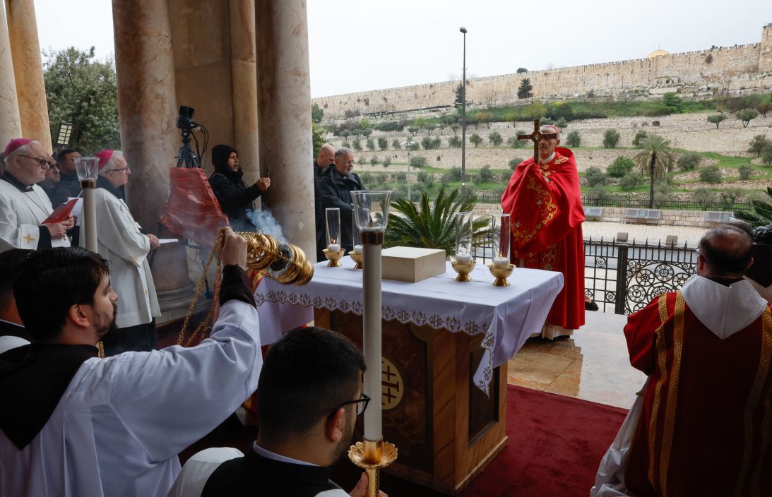 Latin Patriarch of Jerusalem, Cardinal Pierbattista Pizzaballa, leads a prayer service to mark Palm Sunday in Jerusalem on March 29, following the cancellation of the traditional Palm Sunday procession from the Mount of Olives amid restrictions on gathering in large groups and the US-Israeli war on Iran.