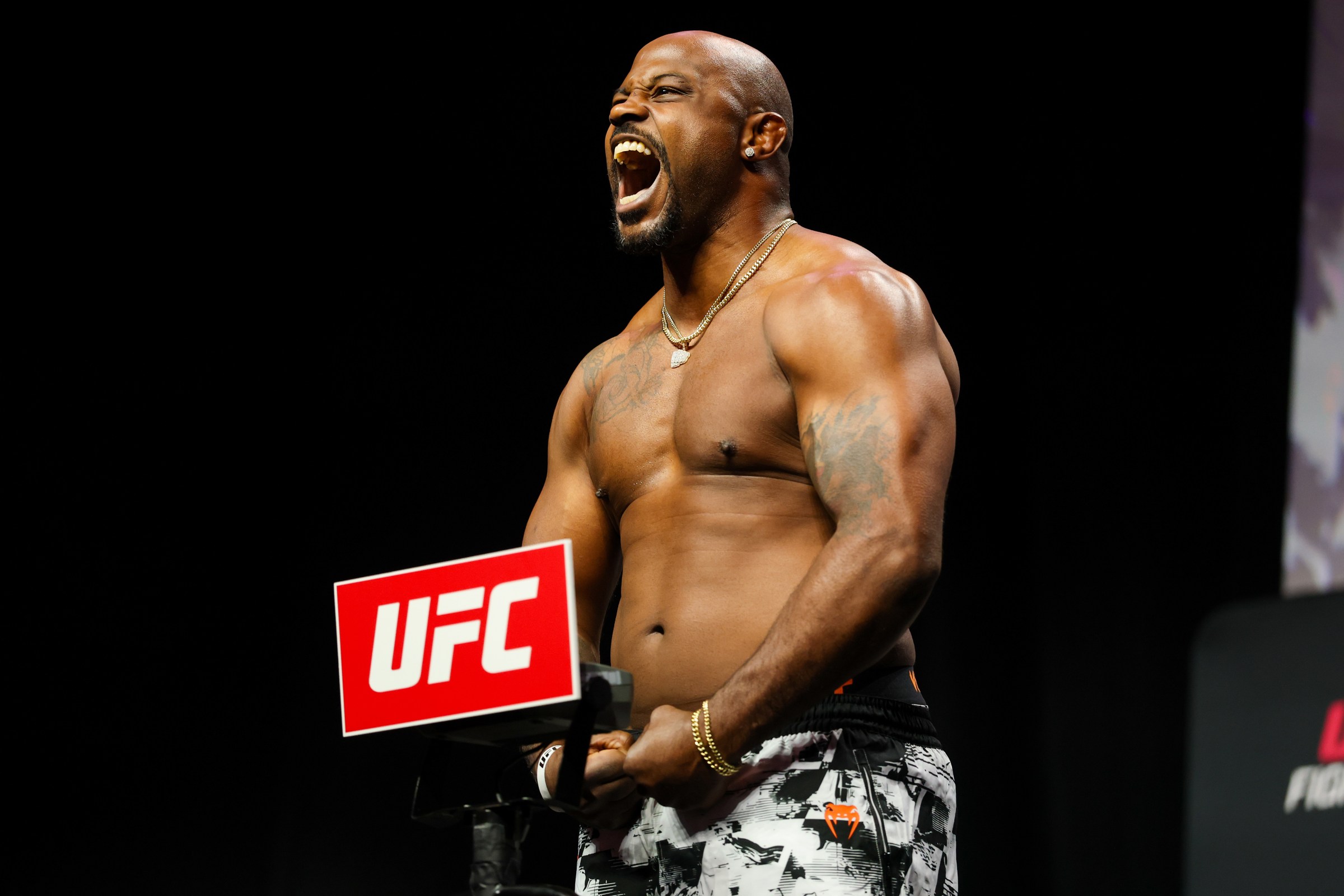 SEATTLE, WASHINGTON - MARCH 27: Tyrell Fortune poses on the scale during UFC Fight Night: Adesanya v Pyfer Ceremonial Weigh-in at Climate Pledge Arena on March 27, 2026 in Seattle, Washington. (Photo by Mat Hayward/Getty Images)