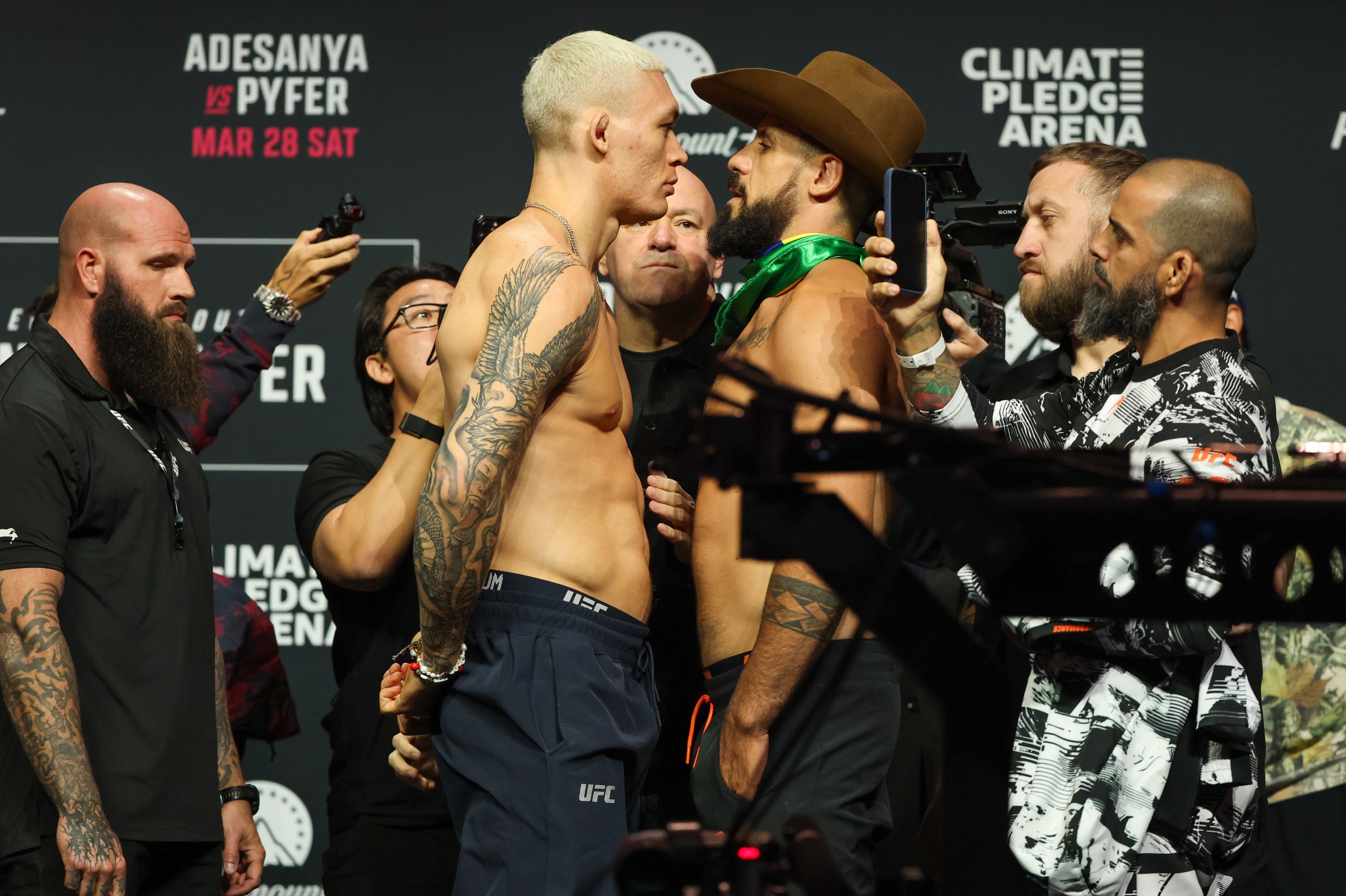 SEATTLE, WASHINGTON - MARCH 27: Opponents Navajo Stirling (L) and Bruno Lopes face off during UFC Fight Night: Adesanya v Pyfer Ceremonial Weigh-in at Climate Pledge Arena on March 27, 2026 in Seattle, Washington. (Photo by Mat Hayward/Getty Images)