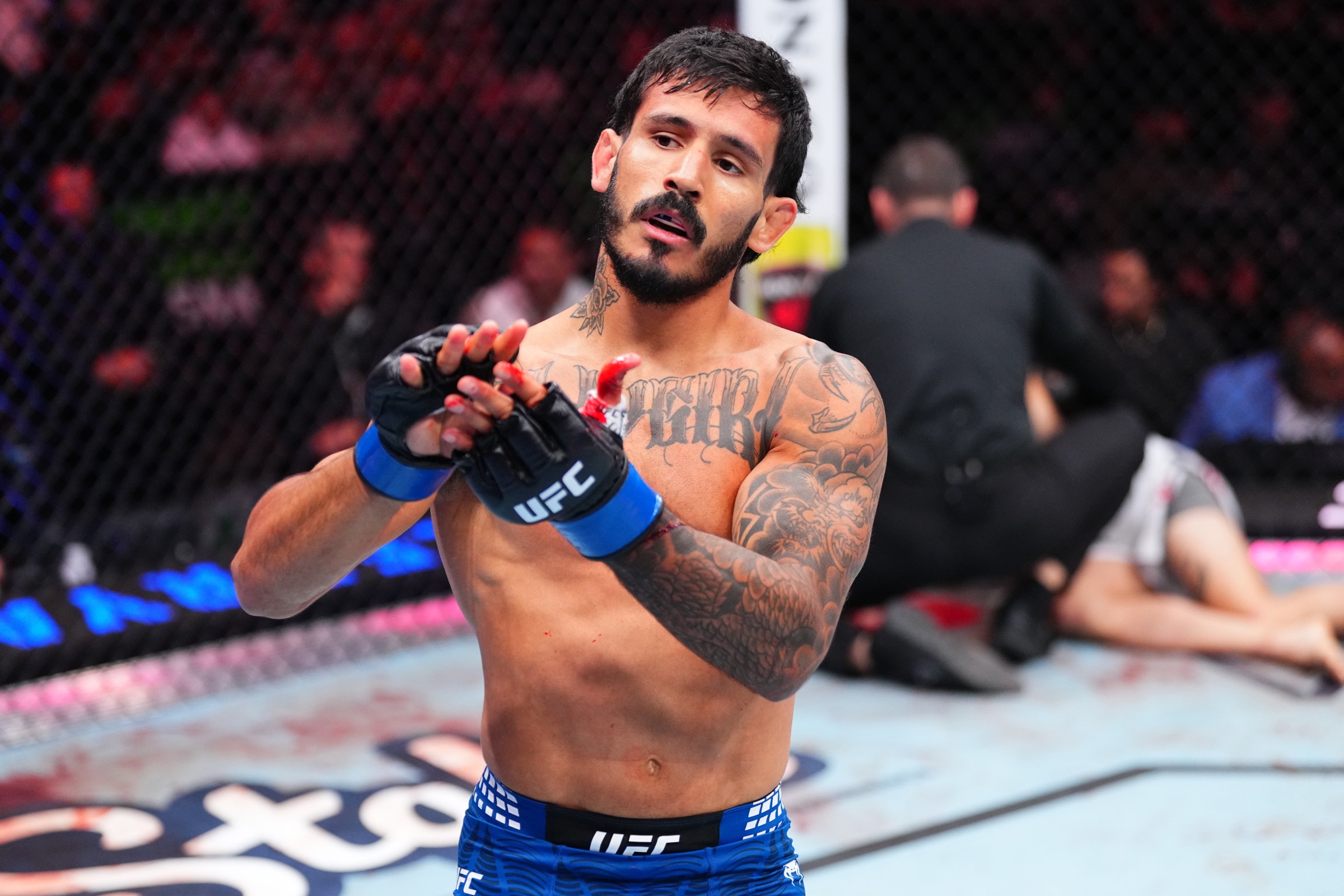SEATTLE, WASHINGTON - MARCH 28: Lerryan Douglas of Brazil reacts after a knockout victory against Julian Erosa in a featherweight fight during the UFC Fight Night event at Climate Pledge Arena on March 28, 2026 in Seattle, Washington. (Photo by Jeff Bottari/Zuffa LLC)