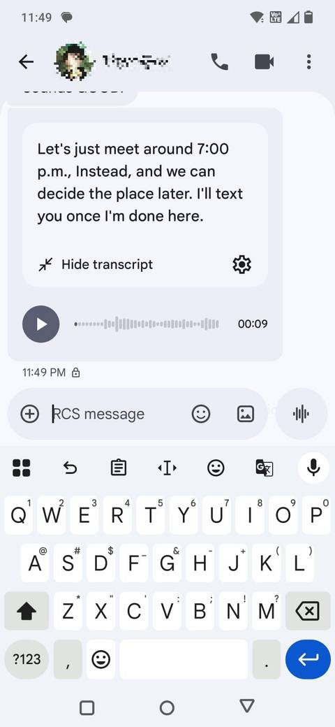 Screenshot showing a transcript in Google Messages