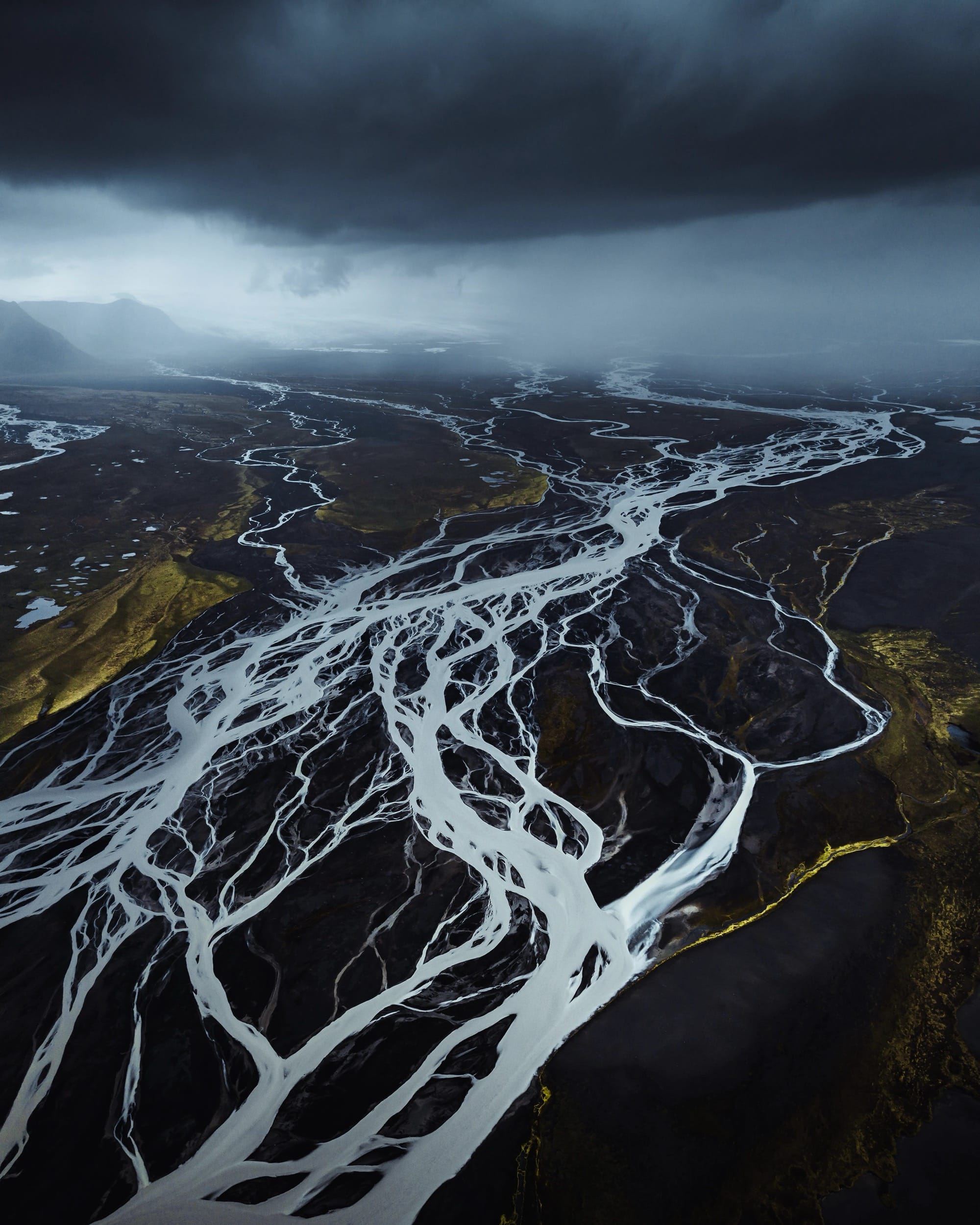 An aerial landscape of glacial streams in Iceland