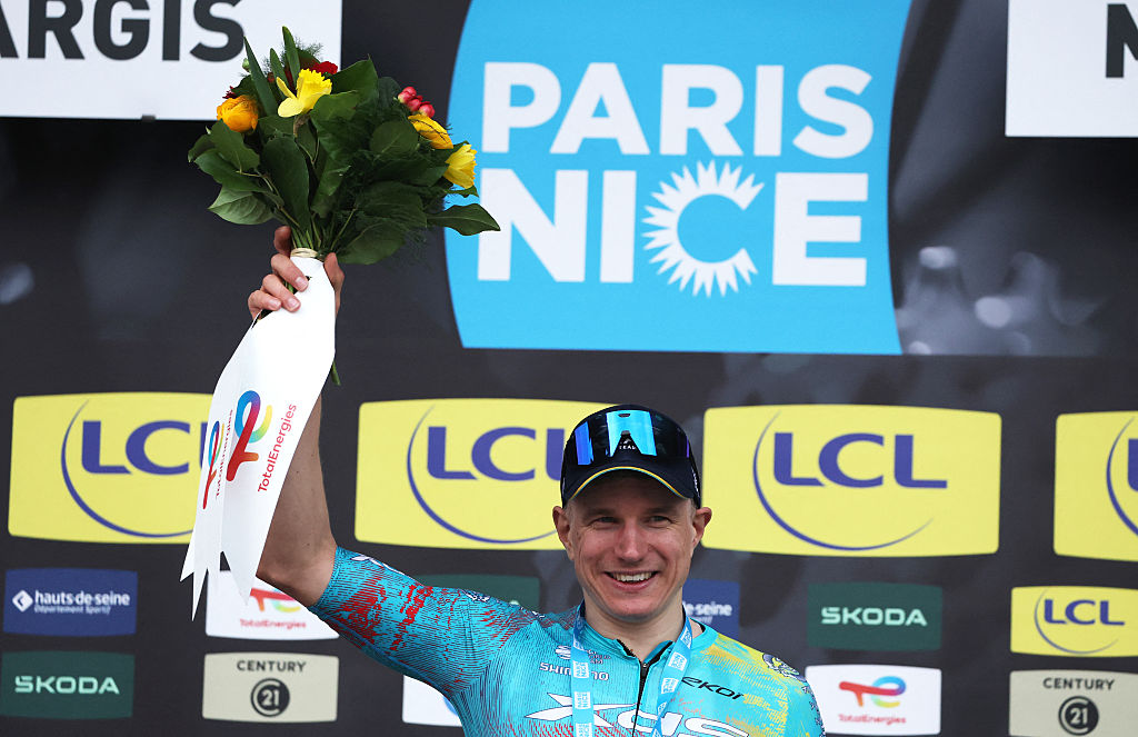 XDS Astana Team's German rider Max Kanter celebrates on the podium after winning the 2nd stage of the Paris-Nice cycling race, 187 km between &Eacute;p&ocirc;ne and Montargis, on March 9, 2026. (Photo by Anne-Christine POUJOULAT / AFP)