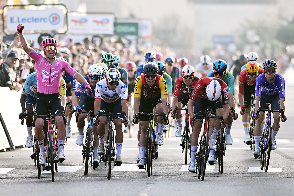 CARRIERES-SOUS-POISSY, FRANCE - MARCH 08: Luke Lamperti of United States and Team EF Education - EasyPost celebrates at finish line as stage winner ahead of Vito Braet of Belgium and Team Lotto Intermarch&eacute;, Orluis Aular of Venezuela and Team Movistar and Milan Fretin of Belgium and Team Cofidis during the 84th Paris-Nice 2026, Stage 1 a 170.9km stage from Acheres to Carrieres-sous-Poissy / #UCIWT / on March 08, 2026 in Carrieres-sous-Poissy, France. (Photo by Szymon Gruchalski/Getty Images)