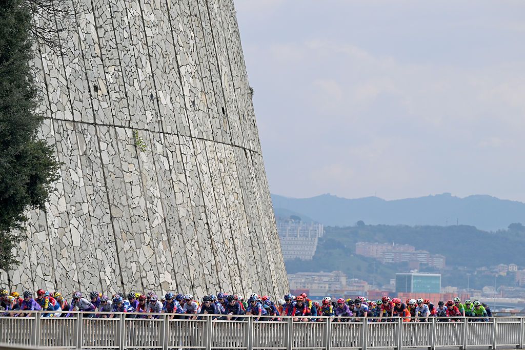 SANREMO, ITALY - MARCH 21: A general view of the peloton competing during the 8th Milano-Sanremo Donne 2026, Women's Elite a 156km one day race from Genova to Sanremo / #UCIWWT / on March 21, 2026 in Sanremo, Italy. (Photo by Tim de Waele/Getty Images)