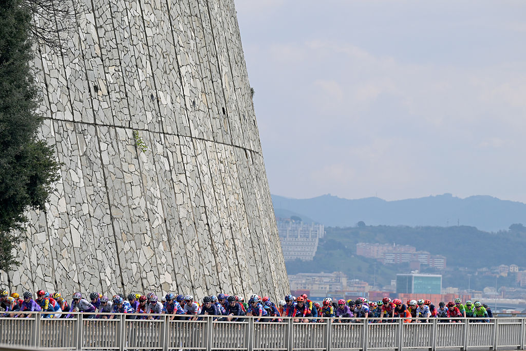 SANREMO, ITALY - MARCH 21: A general view of the peloton competing during the 8th Milano-Sanremo Donne 2026, Women's Elite a 156km one day race from Genova to Sanremo / #UCIWWT / on March 21, 2026 in Sanremo, Italy. (Photo by Tim de Waele/Getty Images)