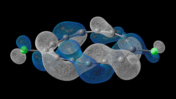 A blue and silver simulation of the electron clouds of a ring-shaped molecule against a black background