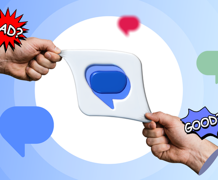 Hands stretching the Google Messages icon between 'BAD' and 'GOOD' labels against a light blue background with floating speech bubbles.