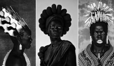 Three black-and-white portraits of a dark-skinned person with elaborate, sculptural headpieces and bold, artistic styling; each headpiece is unique, made from abstract shapes, foam rollers, and clothespins.
