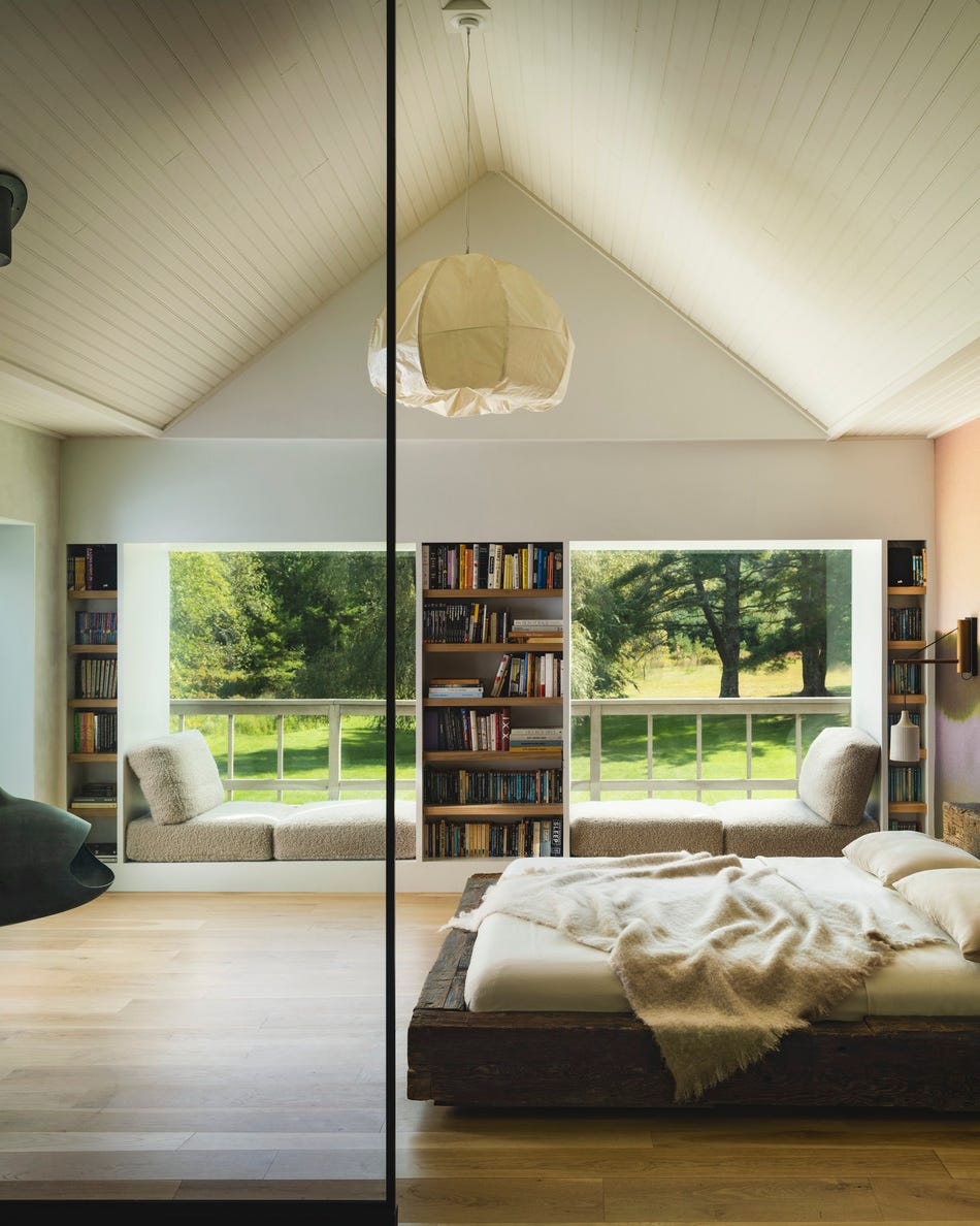 woodstock\, new york farmhouse designed by melissa anderson of oad interiors. primary bedroom.