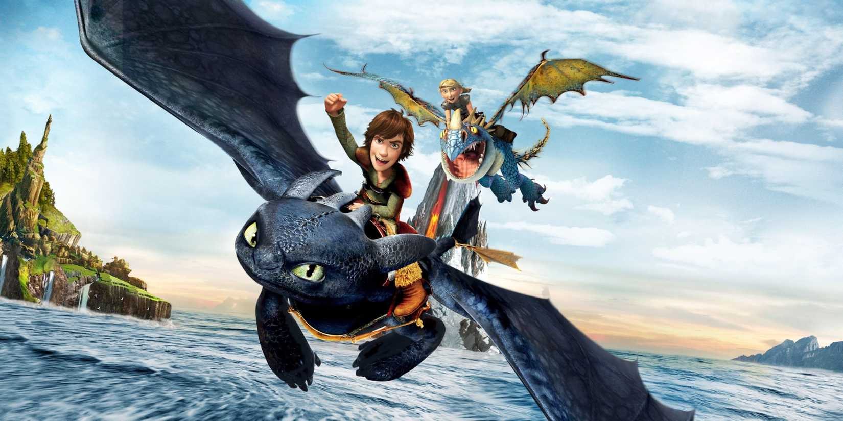 Hiccup and Astrid ride dragons toward the camera in an image from How to Train Your Dragon