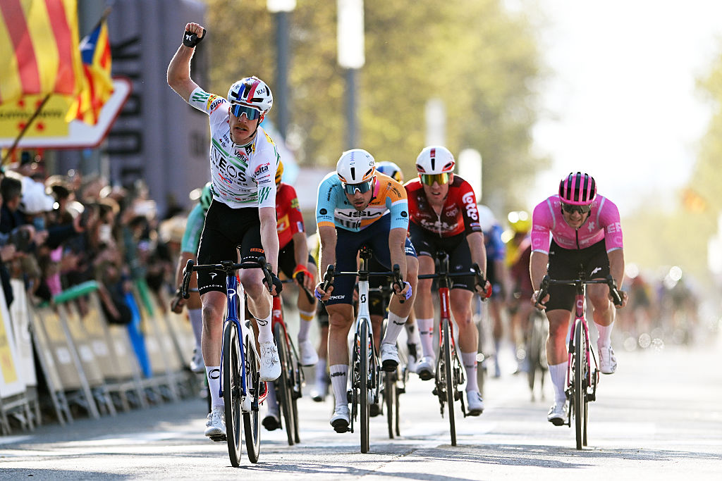 VILA-SECA, SPAIN - MARCH 25: Dorian Godon of France and Team INEOS Grenadiers - Green Leader Jersey celebrates at finish line as stage winner ahead of Ethan Vernon of Great Britain and Team NSN Cycling during the 105th Volta a Catalunya 2026, Stage 3 a 159.4km stage from Mont-roig del Camp to Vila-seca / #UCIWT / on March 25, 2026 in Vila-seca, Spain. (Photo by Szymon Gruchalski/Getty Images)