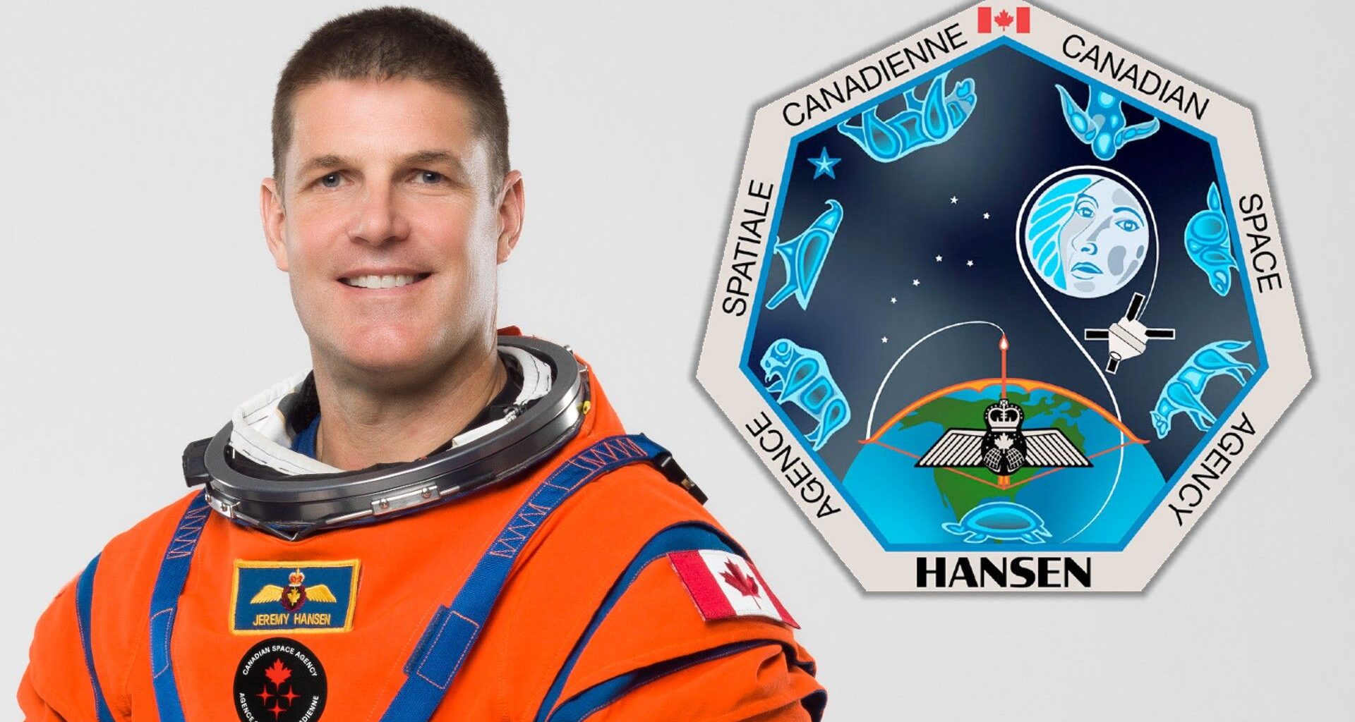 a man in an orange spacesuit poses for a portrait; inset is a hexagonal patch showing a spacecraft around the moon and the Canadian flag