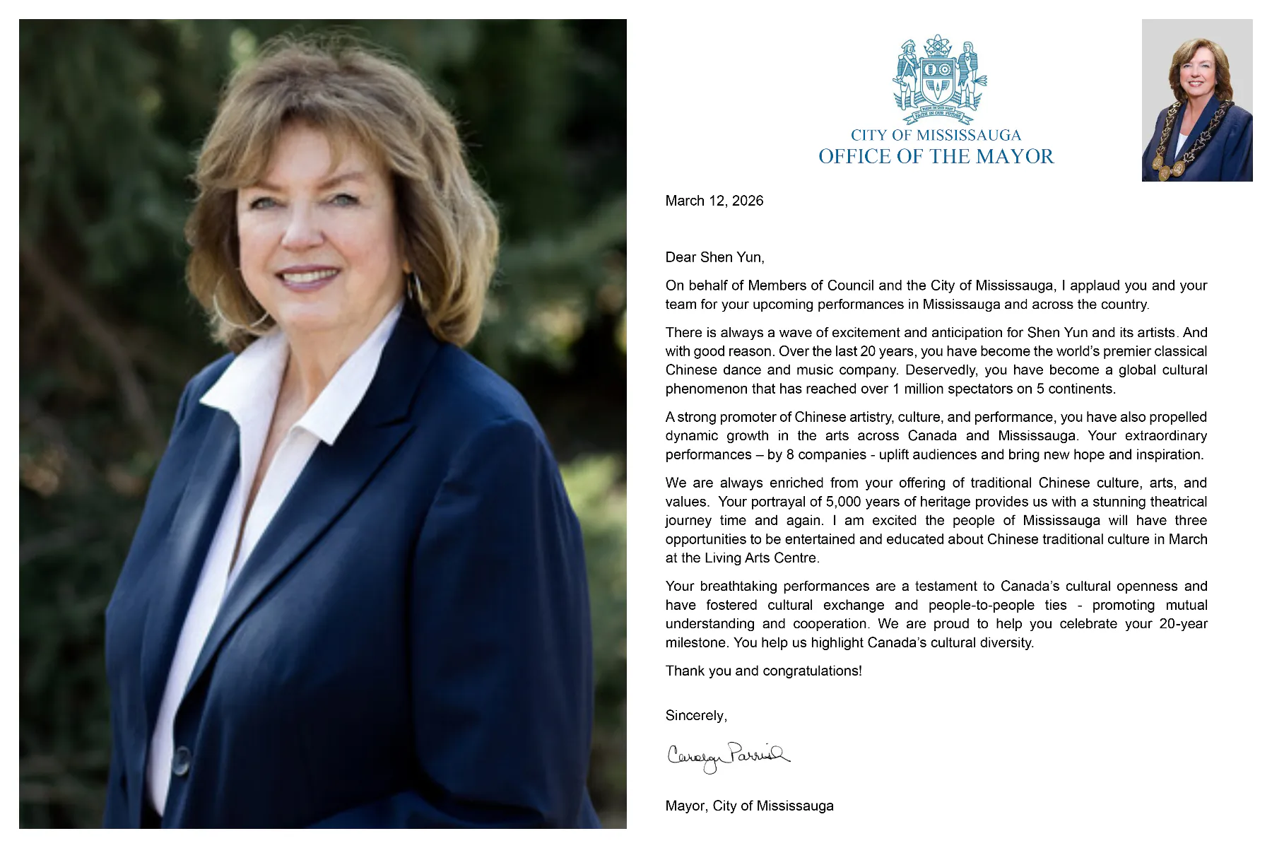 Mississauga Mayor Carolyn Parrish's letter to Shen Yun Performing Arts ahead of its 2026 Mississauga performances.