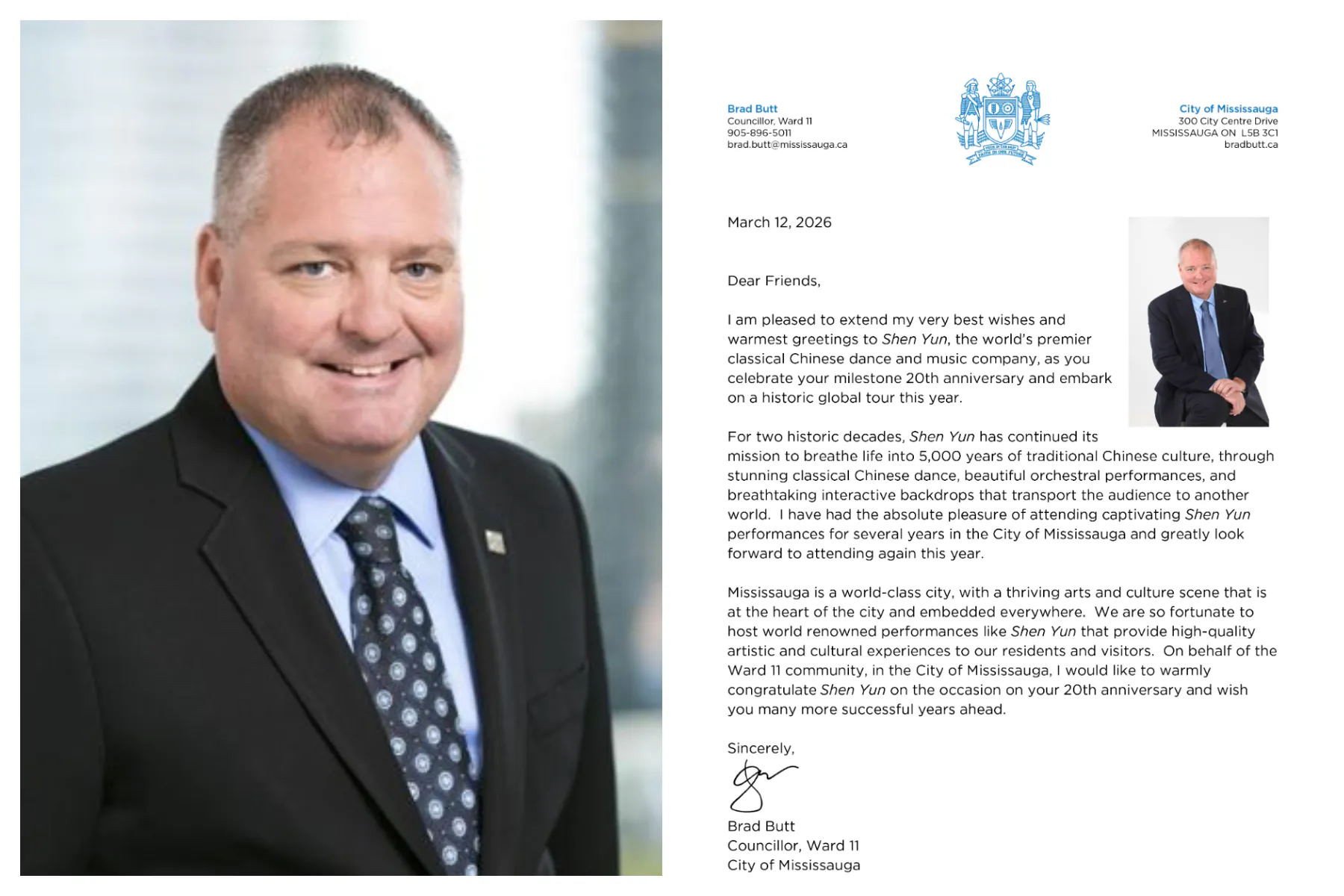 Mississauga city councillor Brad Butt’s letter to Shen Yun Performing Arts ahead of its 2026 Mississauga performances.