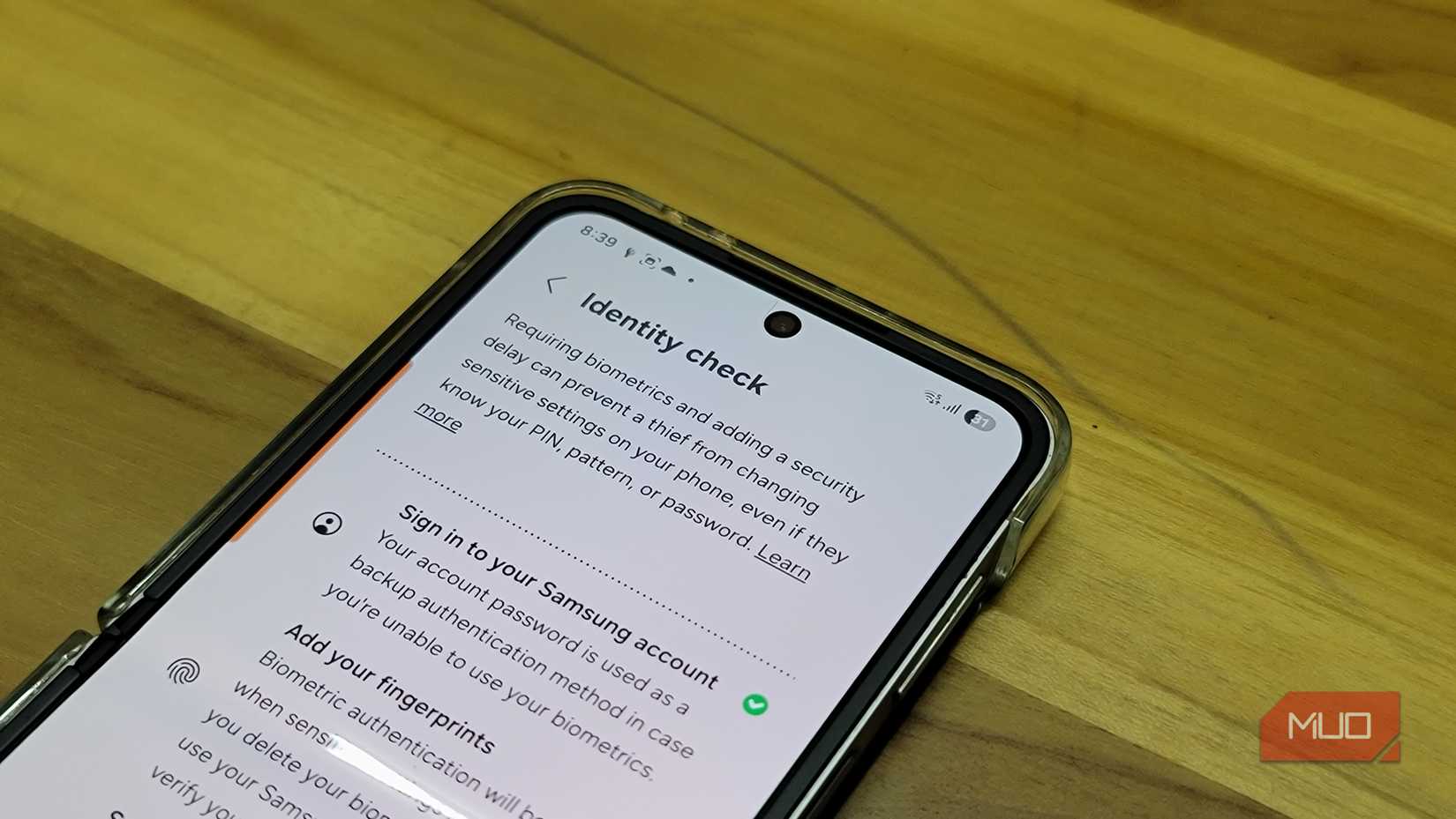 Identity check setting visible on a Samsung Galaxy Z Flip 6