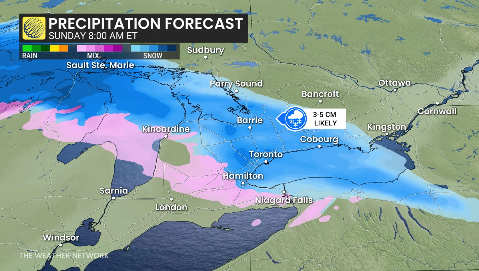 Ontario precipitation timing Sunday morning